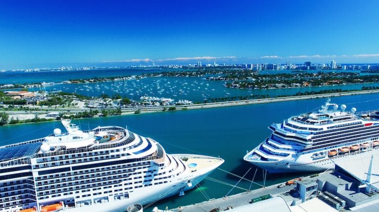 Aerial view of cruise ships docked at Miami Port
